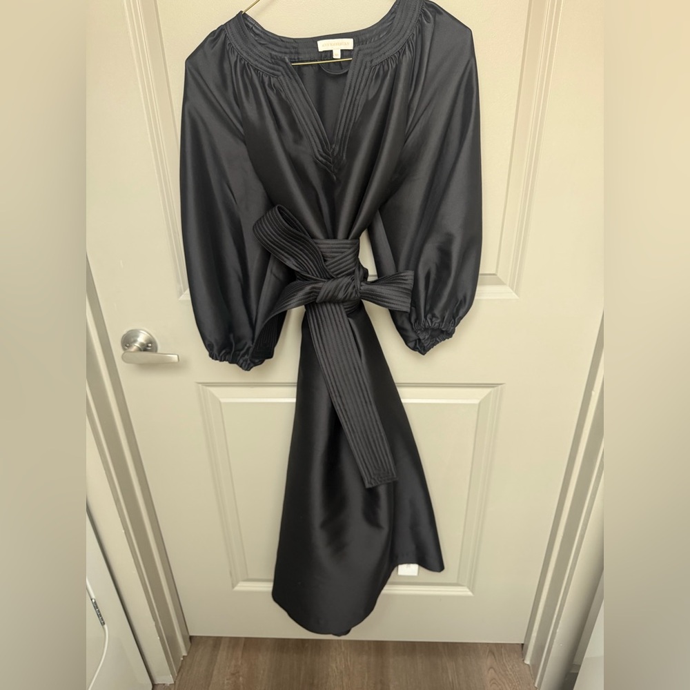 ANN MASHBURN NWT Black Wool Silk Trapunto Blouson Dress XS